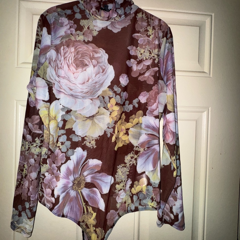 Express Floral Long Sleeve Bodysuit - Brown and Pink